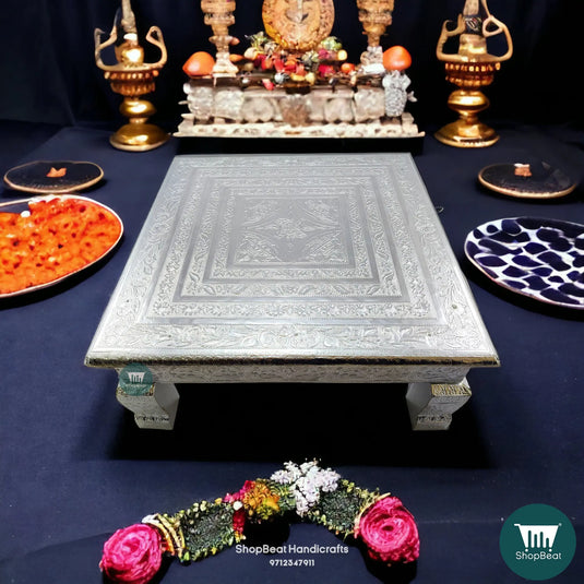 Silver Oxidised Wooden Pooja Chowki – German Finish 15x15 Inch