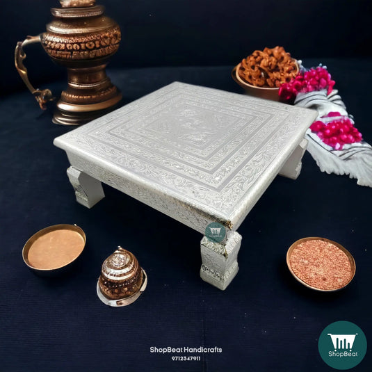 Silver Oxidised Wooden Pooja Chowki – German Finish 15x15 Inch