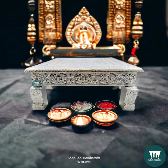 Silver Oxidised Wooden Pooja Chowki – German Finish 15x15 Inch