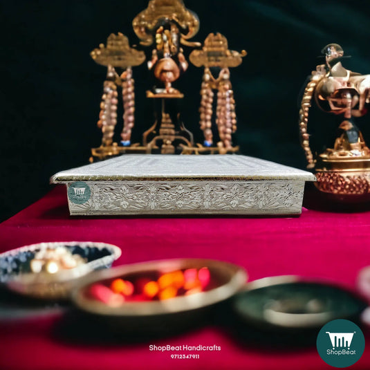 Silver Oxidised Wooden Pooja Chowki – German Finish 15x15 Inch