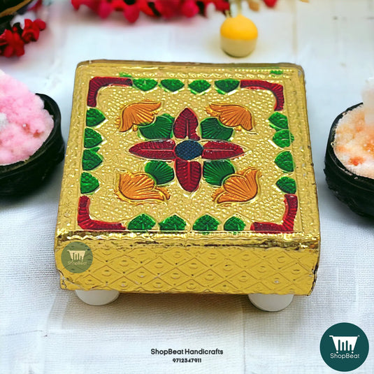 Golden Oxidised Mini Flower Pooja Chowki – Wooden 2x2 Inch