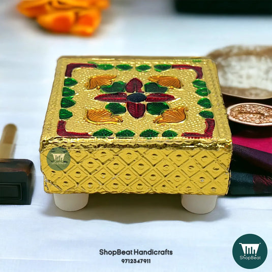 Golden Oxidised Mini Flower Pooja Chowki – Wooden 2x2 Inch
