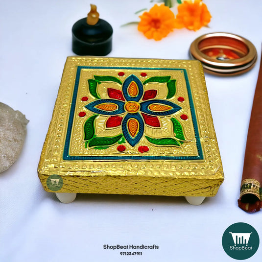 Golden Oxidised Flower Pooja Chowki – Small Wooden Bajot 3x3 Inch