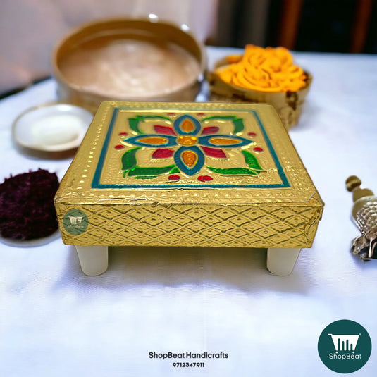 Golden Oxidised Flower Pooja Chowki – Small Wooden Bajot 3x3 Inch