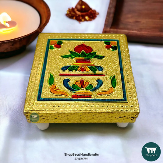 Golden Oxidised Kalash Pooja Chowki – Small Wooden Bajot 3x3 Inch