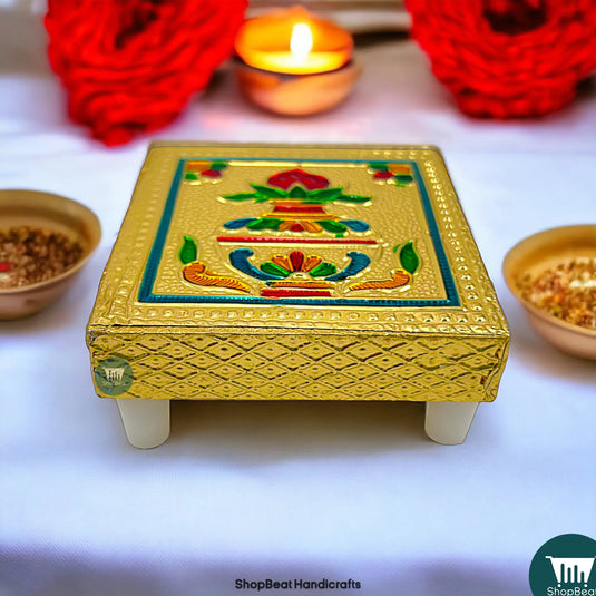 Golden Oxidised Kalash Pooja Chowki – Small Wooden Bajot 3x3 Inch