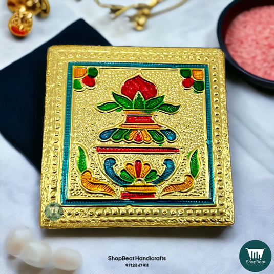 Golden Oxidised Kalash Pooja Chowki – Small Wooden Bajot 3x3 Inch