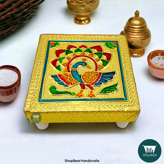 Golden Oxidised Peacock Pooja Chowki – Small Wooden Bajot 3x3 Inch