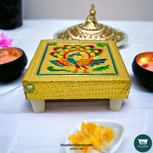 Golden Oxidised Peacock Pooja Chowki – Small Wooden Bajot 3x3 Inch