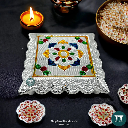 Silver Oxidised Plastic Pooja Chowki – Lightweight Bajot 3.5x3.5 Inch