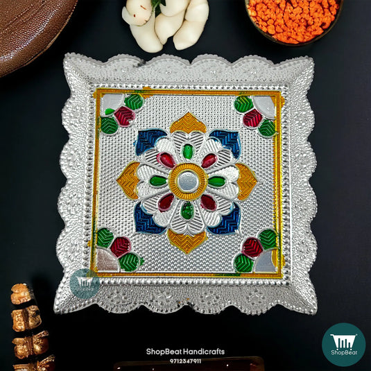 Silver Oxidised Plastic Pooja Chowki – Lightweight Bajot 3.5x3.5 Inch