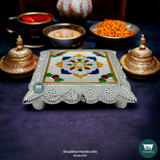 Silver Oxidised Plastic Pooja Chowki – Lightweight Bajot 3.5x3.5 Inch