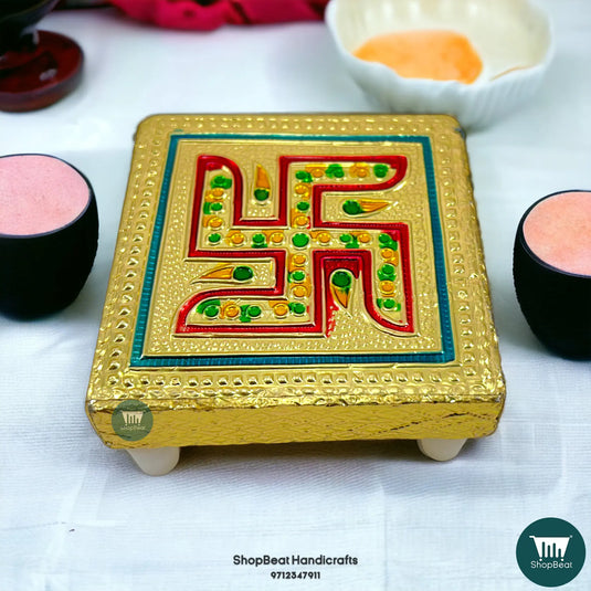 Golden Oxidised Swastik Pooja Chowki – Small Wooden Bajot 3x3 Inch