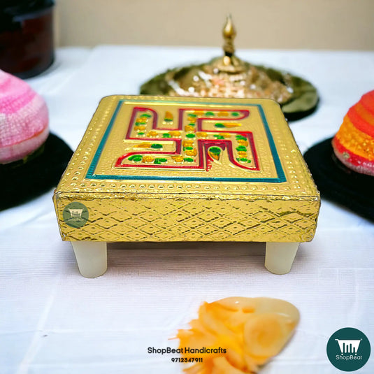 Golden Oxidised Swastik Pooja Chowki – Small Wooden Bajot 3x3 Inch