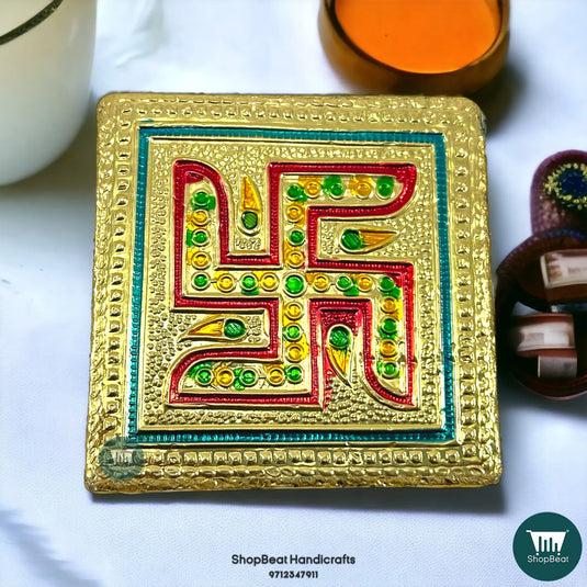 Golden Oxidised Swastik Pooja Chowki – Small Wooden Bajot 3x3 Inch