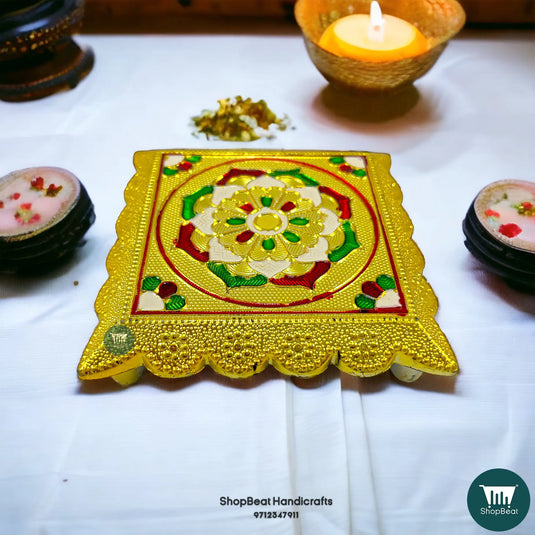 Golden Oxidised Plastic Pooja Chowki – Lightweight Bajot 4.5x4.5 Inch