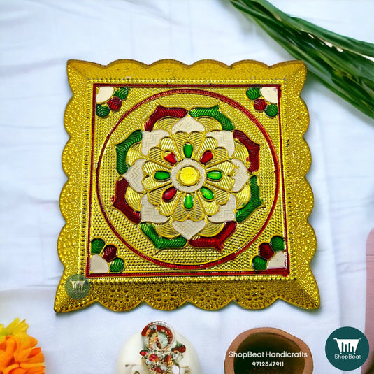 Golden Oxidised Plastic Pooja Chowki – Lightweight Bajot 4.5x4.5 Inch