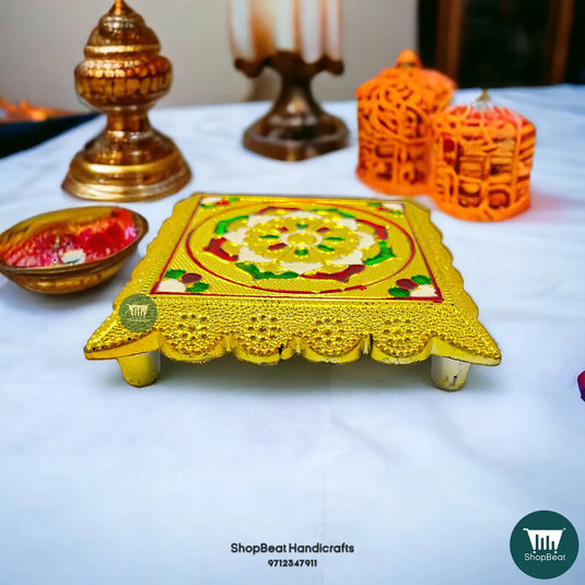 Golden Oxidised Plastic Pooja Chowki – Lightweight Bajot 4.5x4.5 Inch