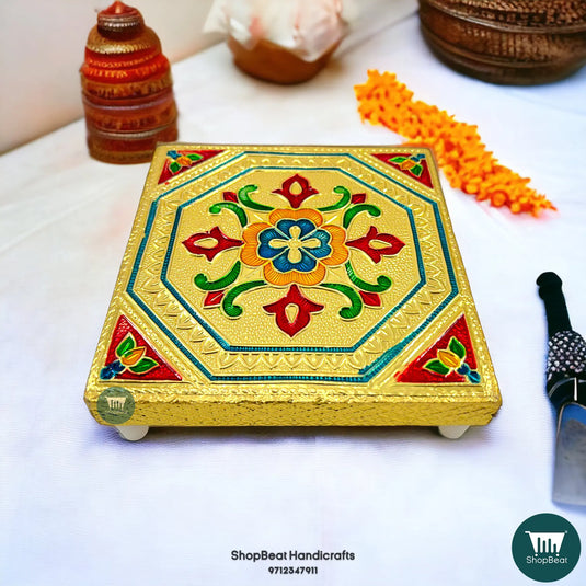 Golden Oxidised Flower Pooja Chowki – Wooden Bajot 5x5 Inch