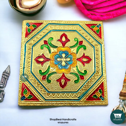 Golden Oxidised Flower Pooja Chowki – Wooden Bajot 5x5 Inch