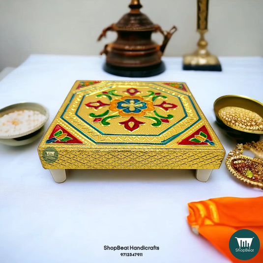 Golden Oxidised Flower Pooja Chowki – Wooden Bajot 5x5 Inch