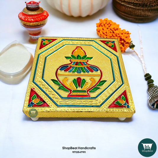 Golden Oxidised Kalash Pooja Chowki – Wooden Bajot 5x5 Inch
