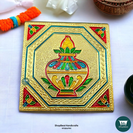Golden Oxidised Kalash Pooja Chowki – Wooden Bajot 5x5 Inch