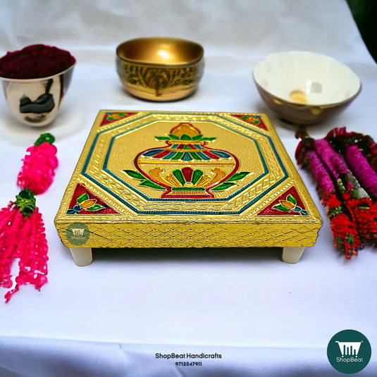 Golden Oxidised Kalash Pooja Chowki – Wooden Bajot 5x5 Inch