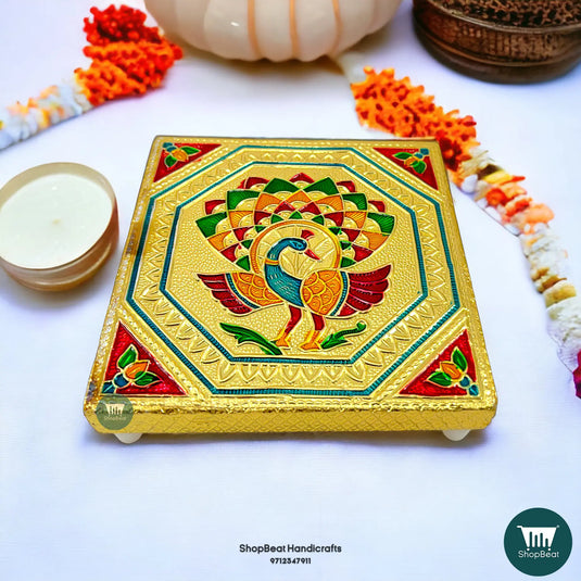 Golden Oxidised Peacock Pooja Chowki – Wooden Bajot 5x5 Inch