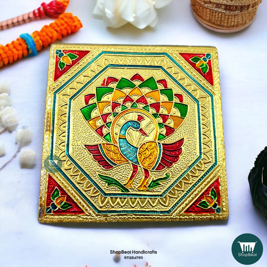 Golden Oxidised Peacock Pooja Chowki – Wooden Bajot 5x5 Inch
