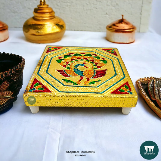 Golden Oxidised Peacock Pooja Chowki – Wooden Bajot 5x5 Inch
