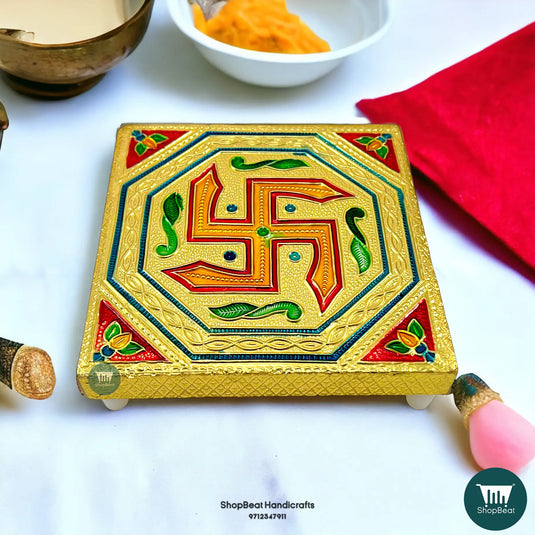 Golden Oxidised Swastik Pooja Chowki – Wooden Bajot 5x5 Inch