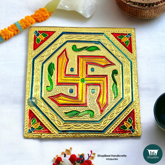 Golden Oxidised Swastik Pooja Chowki – Wooden Bajot 5x5 Inch