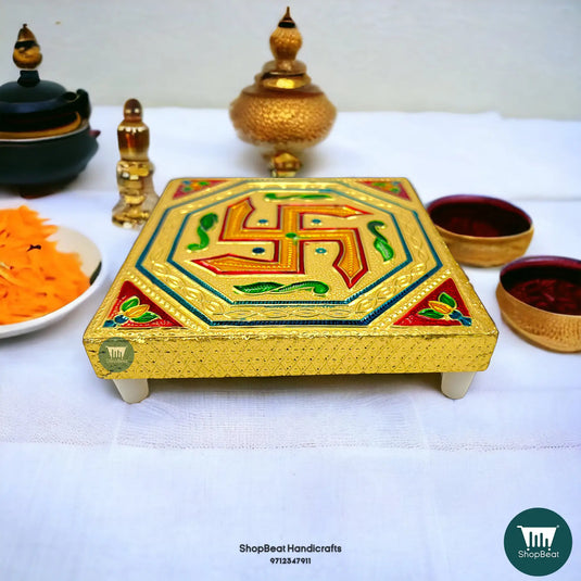 Golden Oxidised Swastik Pooja Chowki – Wooden Bajot 5x5 Inch