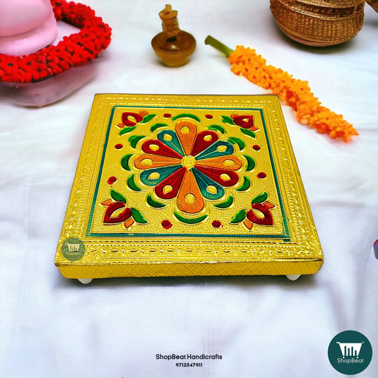 Golden Oxidised Flower Pooja Chowki – Wooden Bajot 6x6 Inch