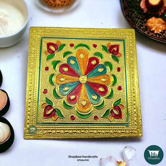 Golden Oxidised Flower Pooja Chowki – Wooden Bajot 6x6 Inch