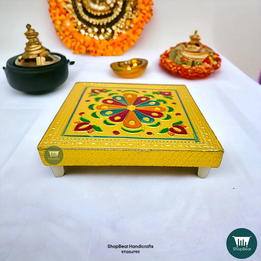 Golden Oxidised Flower Pooja Chowki – Wooden Bajot 6x6 Inch