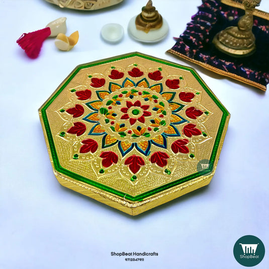 Golden Oxidised Octagon Pooja Chowki – Wooden Bajot 6x6 Inch