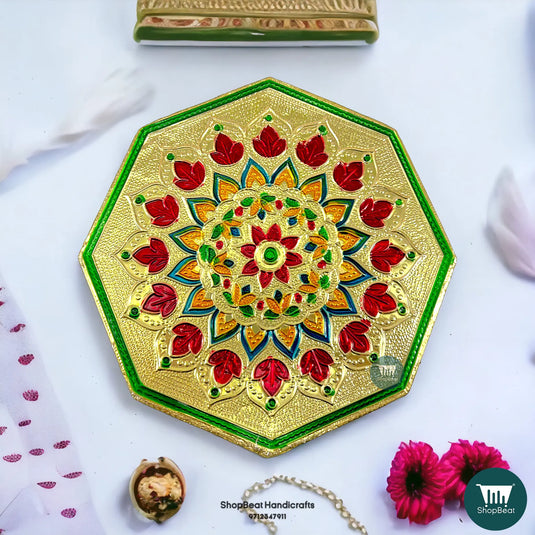 Golden Oxidised Octagon Pooja Chowki – Wooden Bajot 6x6 Inch
