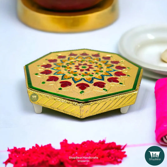 Golden Oxidised Octagon Pooja Chowki – Wooden Bajot 6x6 Inch