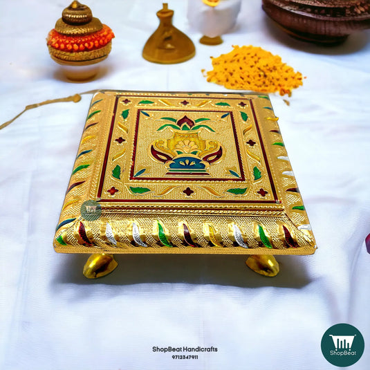 Golden Oxidised Kalash Meenakari Pooja Chowki – Wooden Bajot 6x6 Inch