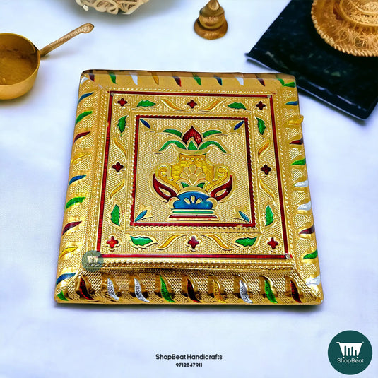 Golden Oxidised Kalash Meenakari Pooja Chowki – Wooden Bajot 6x6 Inch