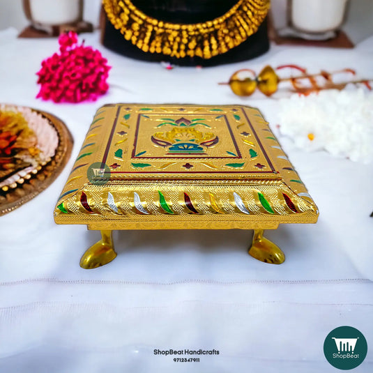 Golden Oxidised Kalash Meenakari Pooja Chowki – Wooden Bajot 6x6 Inch