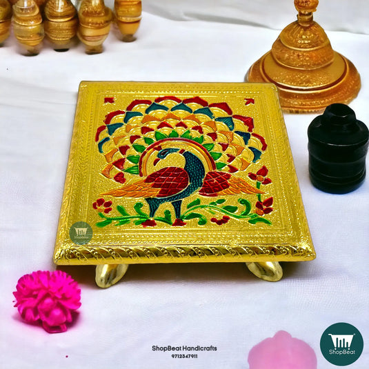 Golden Oxidised Peacock Meenakari Pooja Chowki – Metal Leg Bajot 6x6 Inch