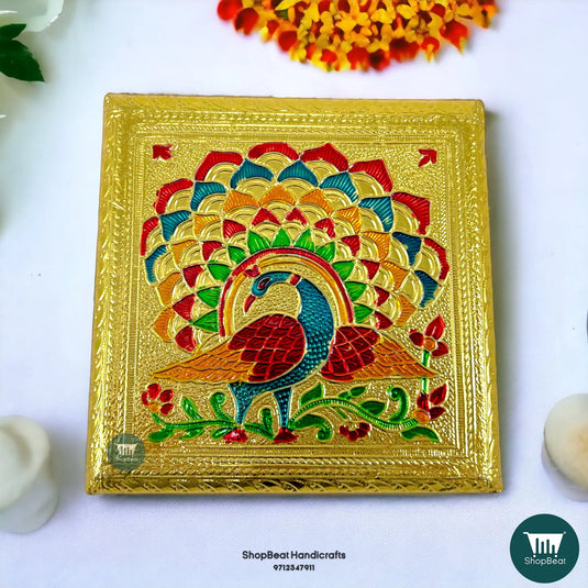 Golden Oxidised Peacock Meenakari Pooja Chowki – Metal Leg Bajot 6x6 Inch