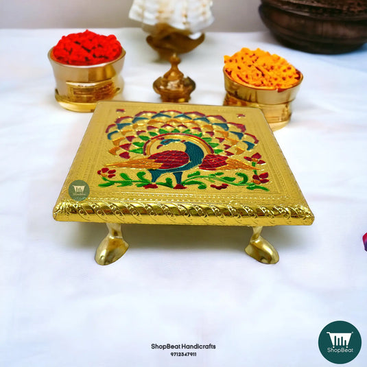 Golden Oxidised Peacock Meenakari Pooja Chowki – Metal Leg Bajot 6x6 Inch