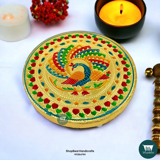 Golden Oxidised Round Peacock Pooja Chowki – Wooden Bajot 6x6 Inch