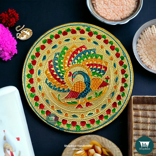 Golden Oxidised Round Peacock Pooja Chowki – Wooden Bajot 6x6 Inch