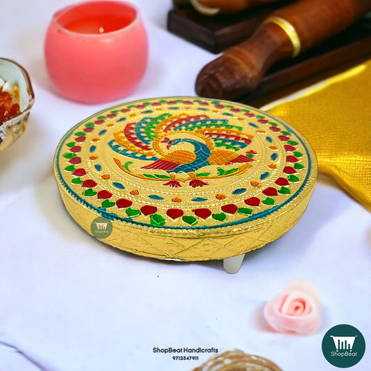 Golden Oxidised Round Peacock Pooja Chowki – Wooden Bajot 6x6 Inch