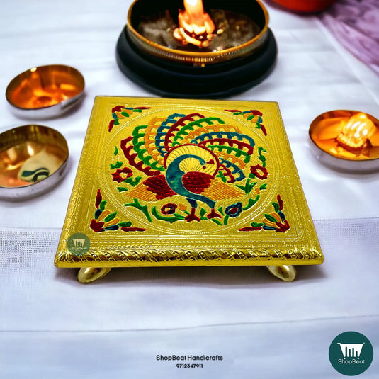 Golden Oxidised Peacock Pooja Chowki – Metal Leg Wooden Bajot 8x8 Inch